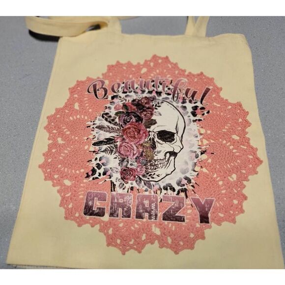 Repurposed Halloween/Fall tote bag. Lace, pumpkins & sugar skull. - Picture 3 of 5